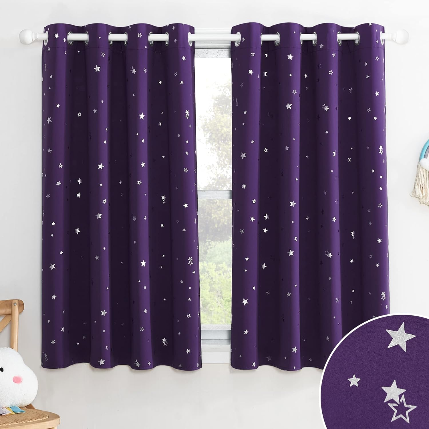 Thumbnail 5 de PONY DANCE Kids Blackout Curtains W46 x L72 – Nursery thermal stars eyelet panels in purple (2-pack)