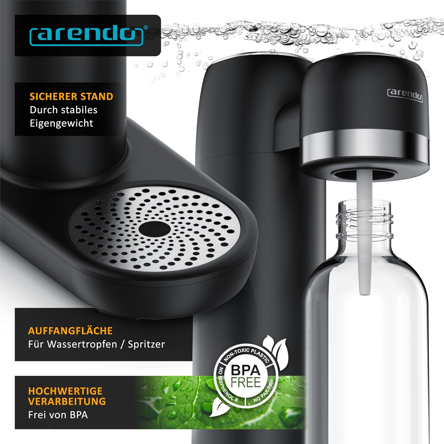 Detalle de Arendo Soda Maker Wassersprudler – BPA-freie 1000 ml Flasche, kompatibel mit 60 L CO2 Zylindern