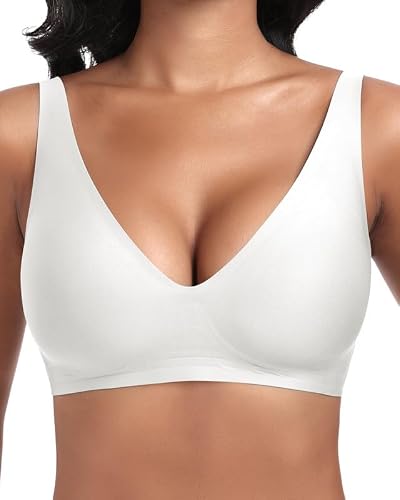 Detalle de Jiuday Tiefer V Push Up BH Damen ohne Bügel – bequemer Jelly BH, nahtlos und starker Halt (Weiß, Größe L)