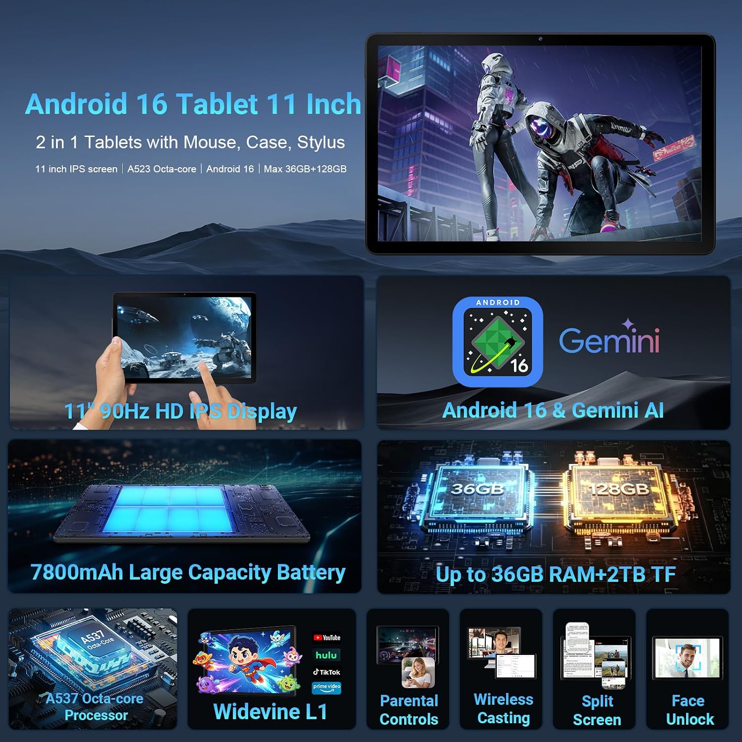 Detalle de Gleeso Tablet 11 Inch with Keyboard – Android 16, Gemini AI, 36GB RAM, 2TB Expandable
