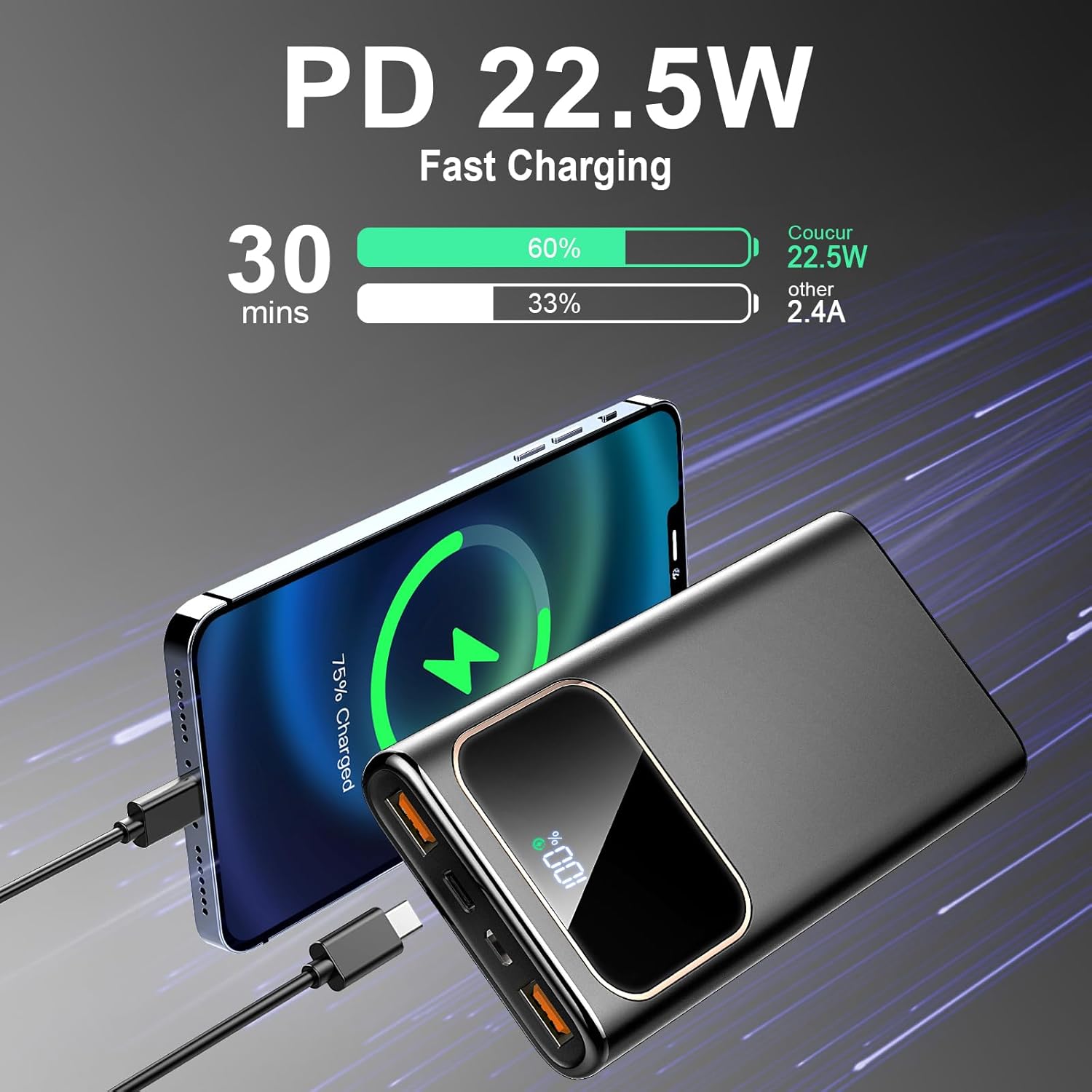 Thumbnail 1 de Power Bank Fast Charging 10000mAh with LED Display – 22.5W USB-C PD/QC Portable Charger