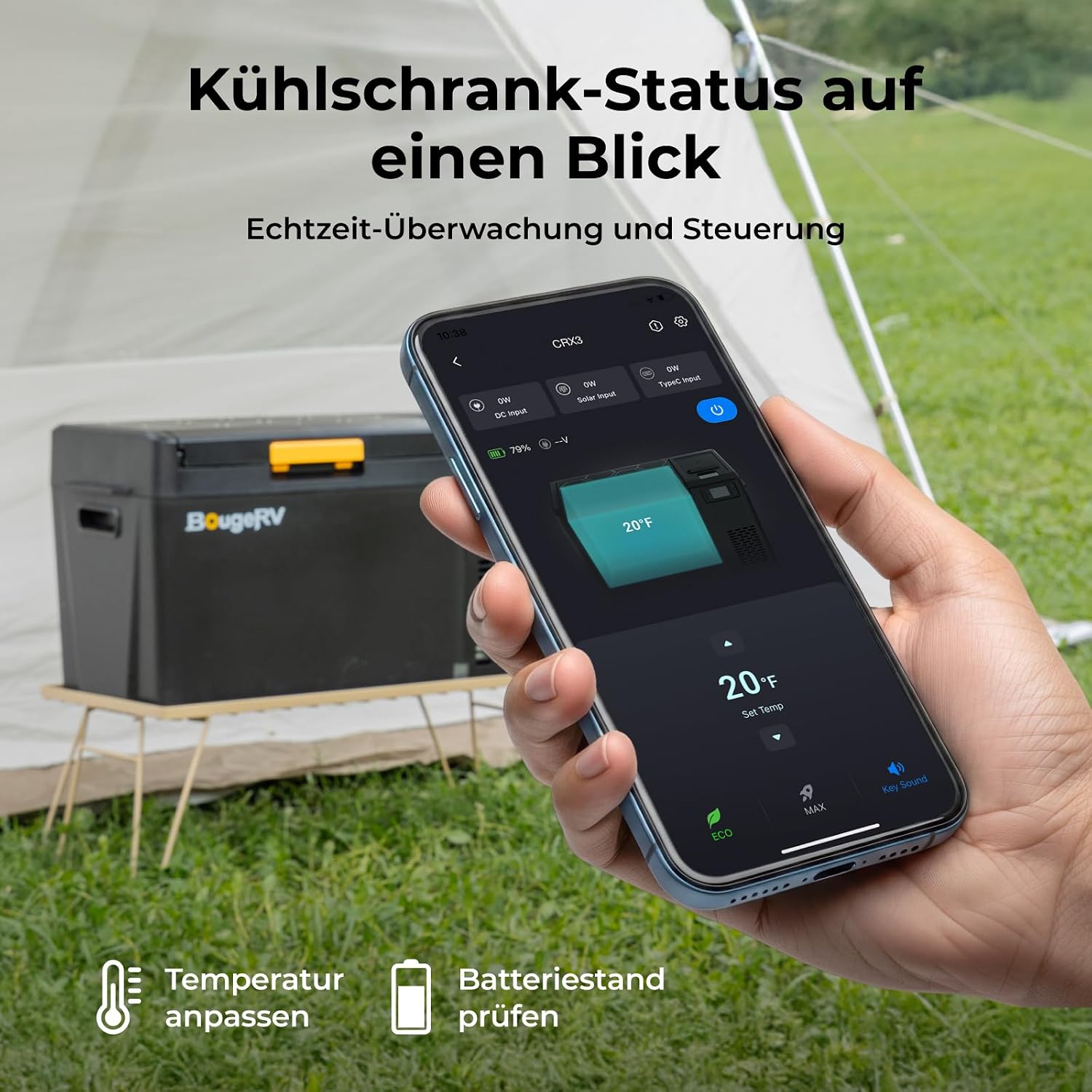 Detalle de BougeRV CRX3 Kompressor Kühlbox 22L – Akku-Kühlbox mit App-Steuerung für Auto, Camping und Outdoor