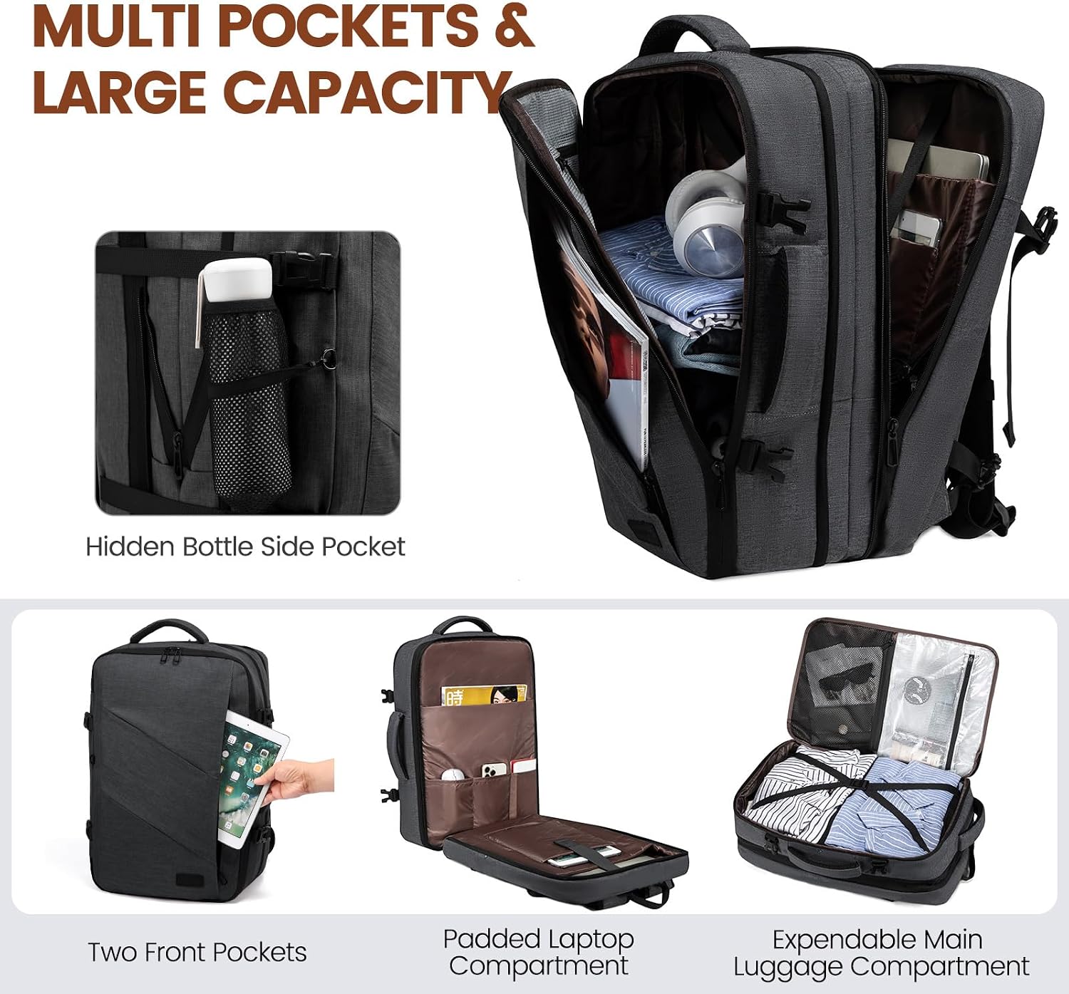 Detalle de LOVEVOOK Reiserucksack als Flugzeug-Handgepäck mit Laptopfach für 17,3 Zoll, erweiterbar (Grau) – 30–40 l