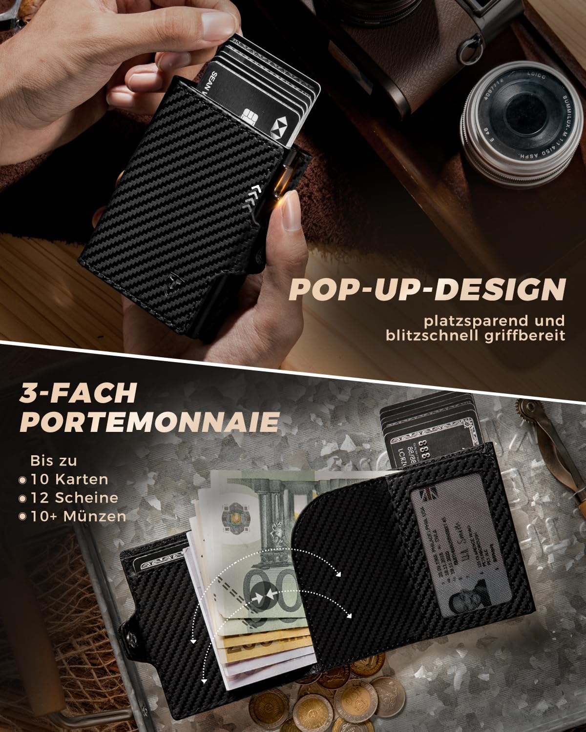 Detalle de LORZOR Slim Wallet mit XXL‑Münzfach 9,8 x 7 x 2 cm