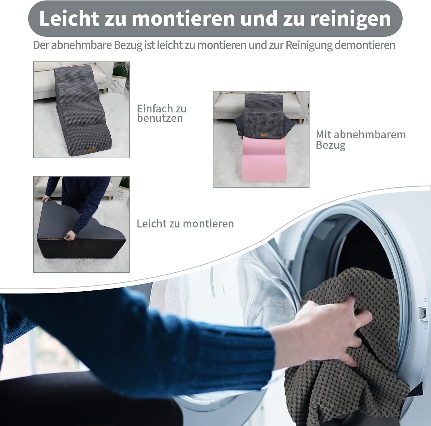 Detalle de Nepfaivy 4-stufige Hundetreppe für kleine Hunde – 75×50×40 cm, abnehmbarer & waschbarer Bezug, rutschfester Boden