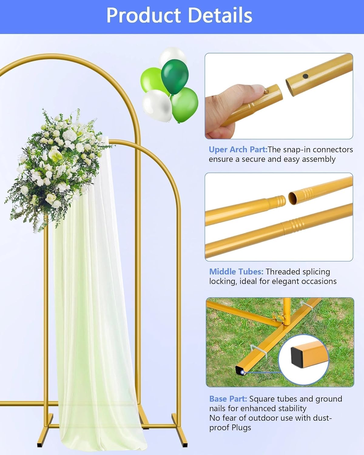 Thumbnail 4 de HEMMOTOP Metal Arch Backdrop Stand Set of 2 (7.2ft + 6ft) in Gold