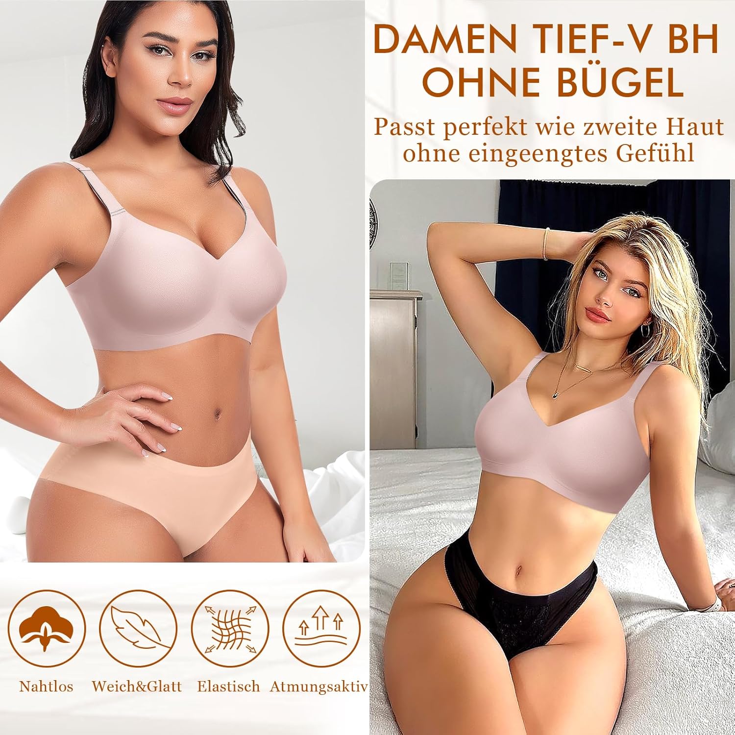 Thumbnail 4 de Ganado Damen BH ohne Bügel – nahtloser Soft-BH mit Tief-V-Ausschnitt und Jelly Fix Trägern