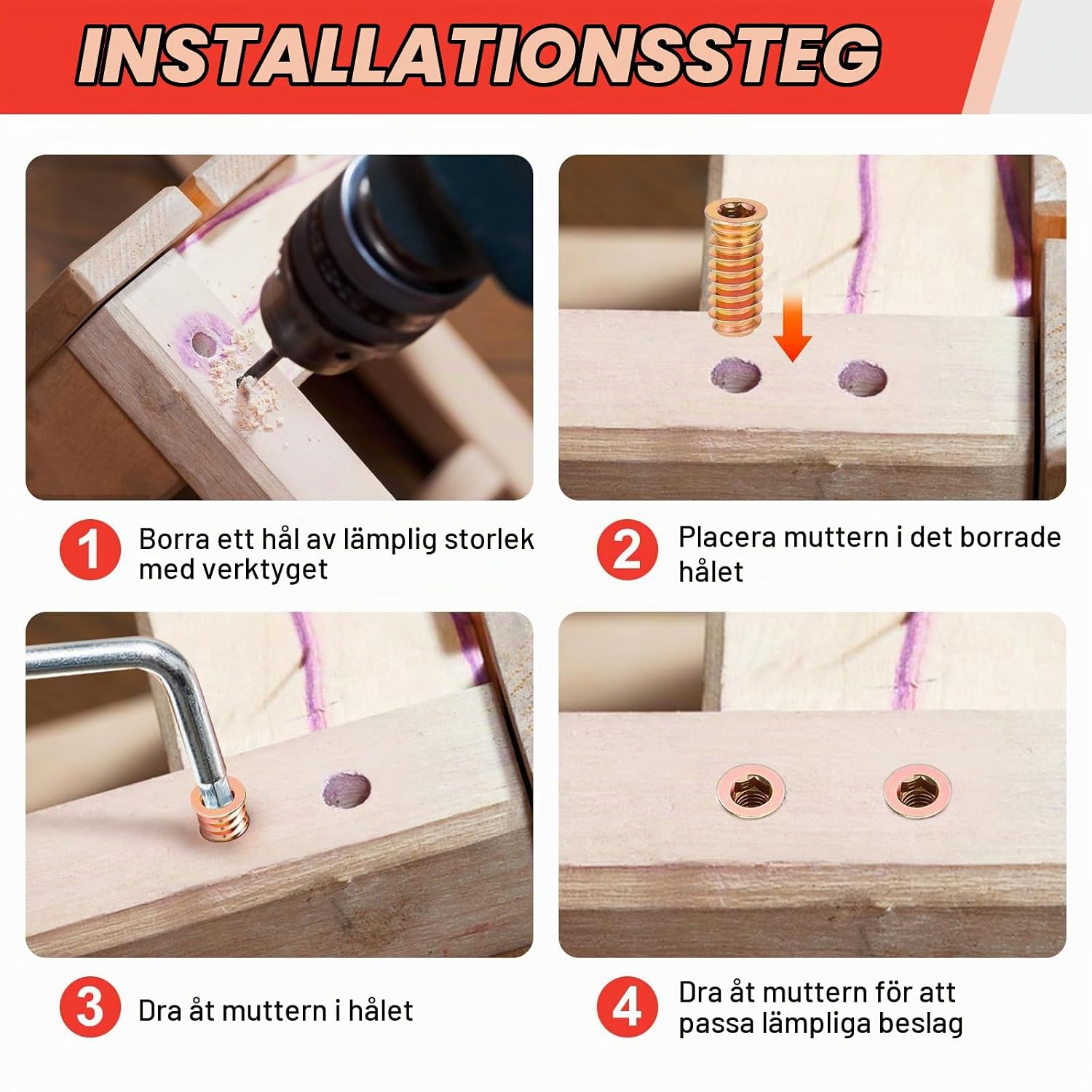 Detalle 2 de msymsyu M4 x 12 mm gänginsatser för trä, 25-pack i förzinkat kolstål