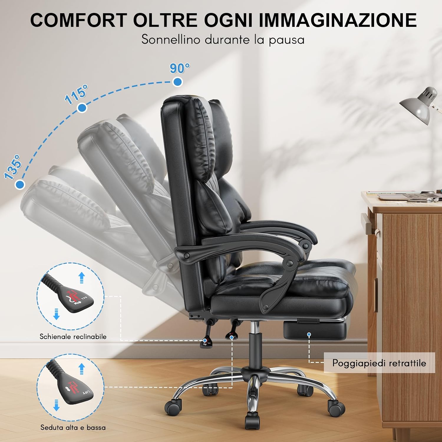 Thumbnail 6 de naspaluro Sedia da ufficio ergonomica reclinabile con poggiapiedi e schienale alto in PU nera