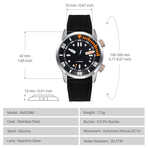 Detalle de BERNY Automatic Diver's Watch for Men with Sapphire Glass and Silicone Band