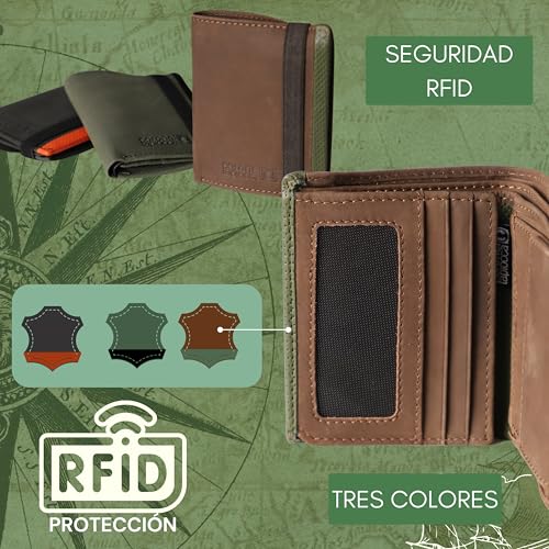 Detalle de Cartera Aladino Marrón de Coronel Tapiocca para Hombre: 6 ranuras, monedero y compartimentos