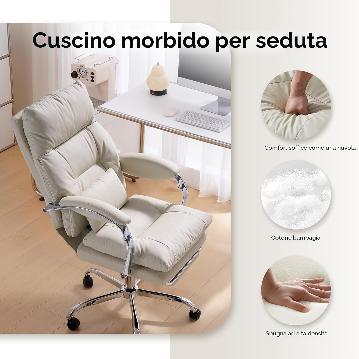Thumbnail 5 de EMIAH Sedia da Ufficio Direzionale con Poggiapiedi: ergonomia e comfort premium (Beige)