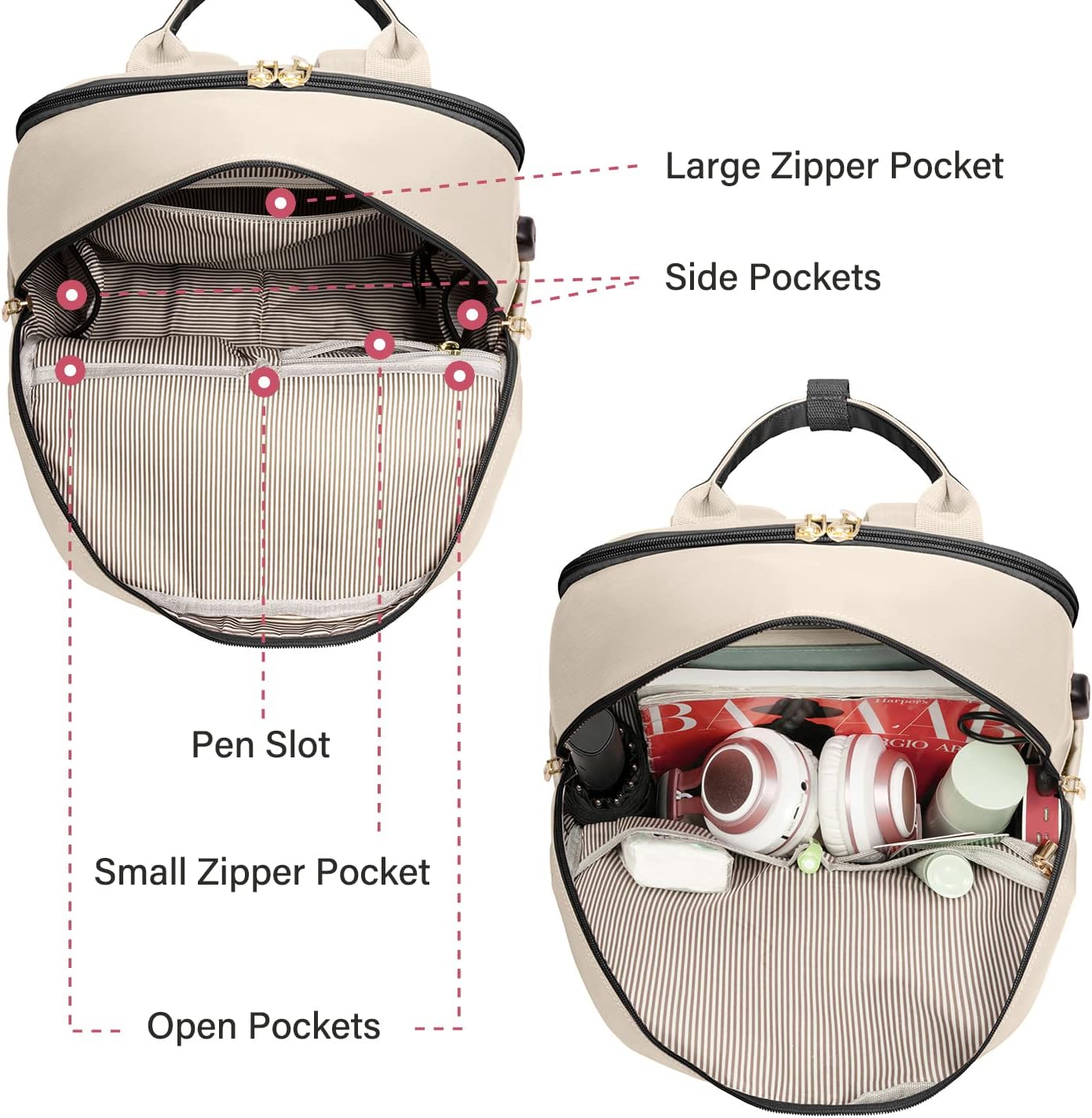 Detalle de LOVEVOOK Sac à Dos Femme 15,6" – Imperméable, Antivol avec Port USB et Compartiment PC, Noir-Beige