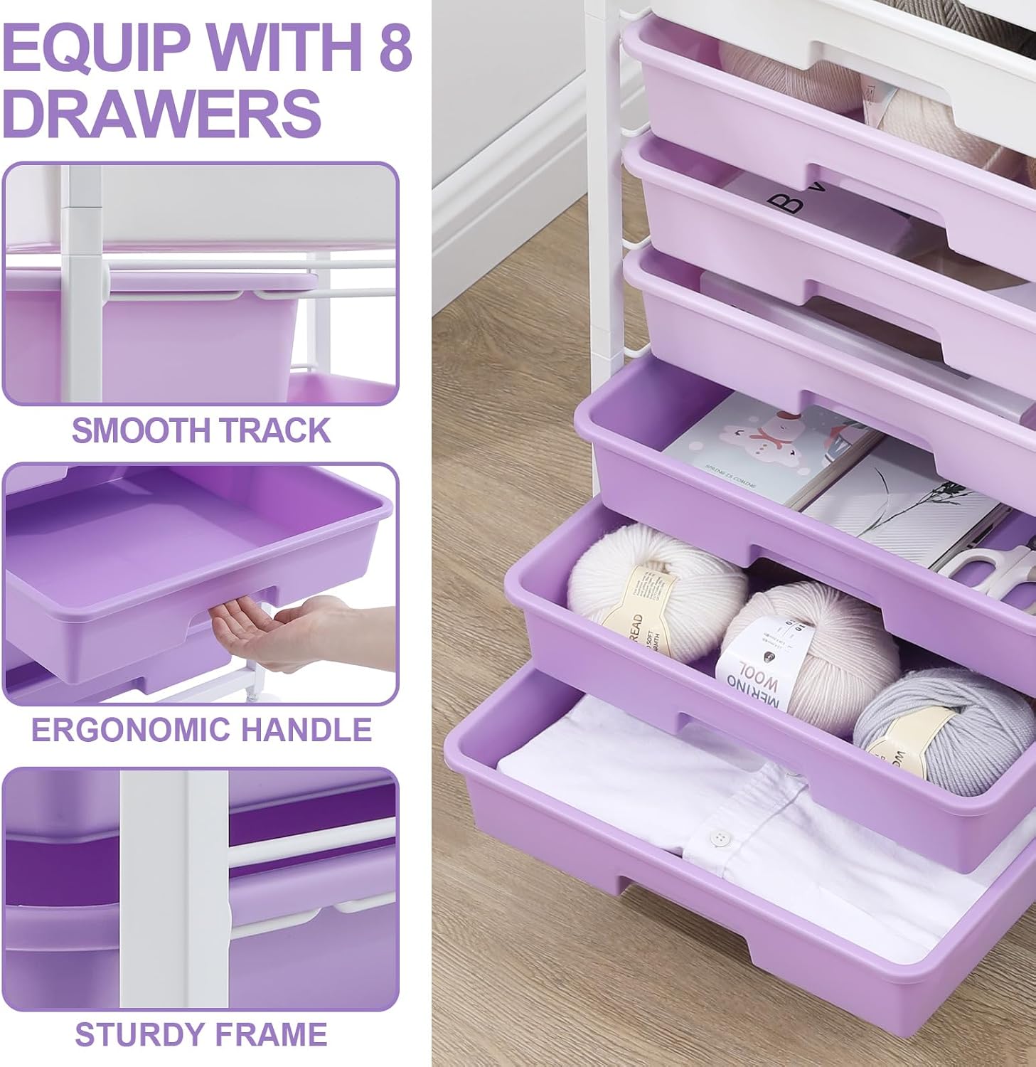 Thumbnail 2 de SYKIARIOL 1250-3 Rolling Storage Cart, Purple, 8 Drawers, Wood Top