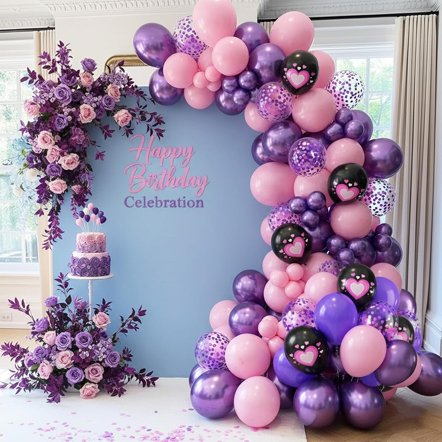 Detalle de Pink Purple Black Balloons, 50PCS 12 Inch - Black Macaron Metallic Purple Pink Heart Printed for Princess Theme Party