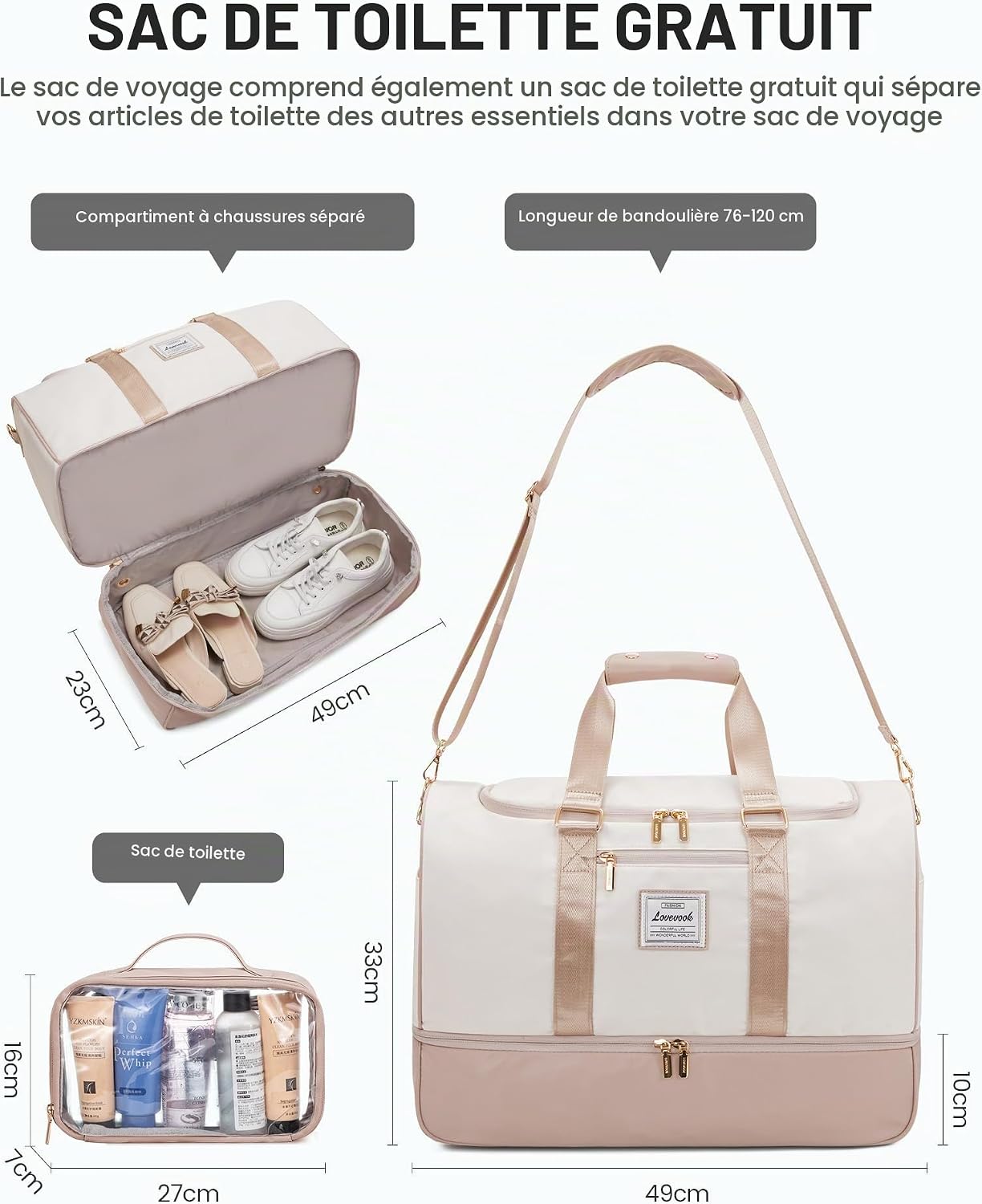 Detalle de LOVEVOOK reistas maat M in polyester met schoenenvak en nat vak, beige/nuder roze