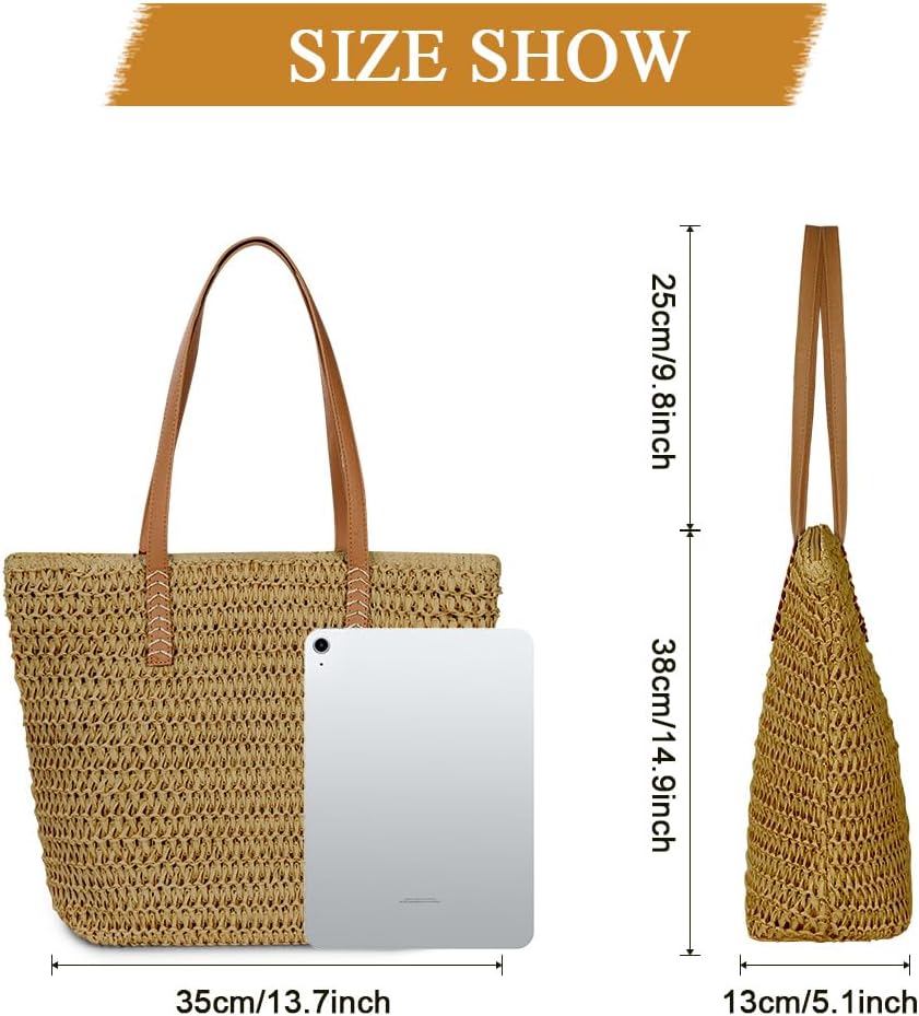 Detalle de Aucuu Sac à bandoulière en paille pour femme – grand sac de plage polyvalent