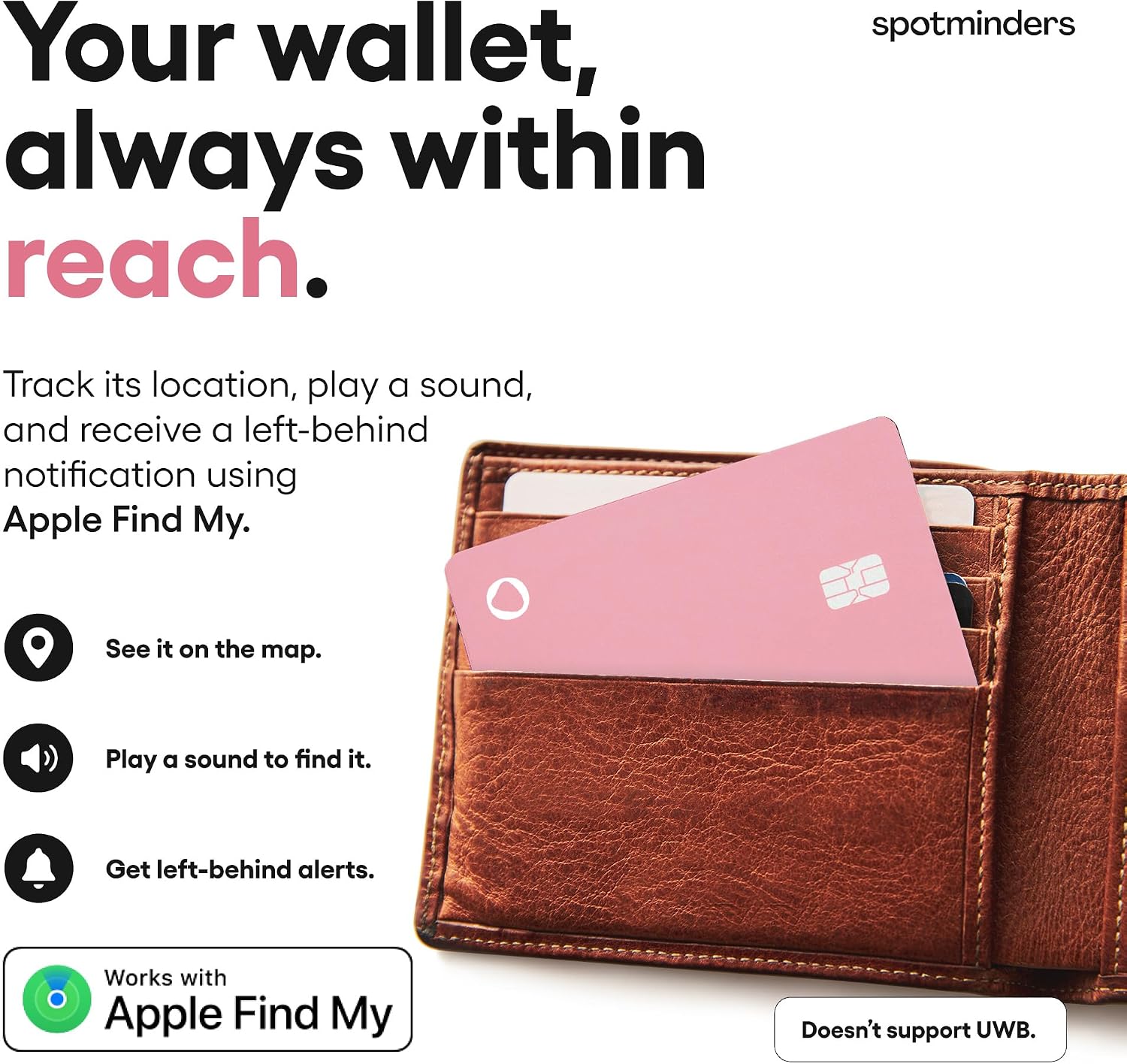 Detalle 2 de SPOTMINDERS Apple MFi Certified Credit Card Wallet Tracker PRO (Pink) — iOS Only, Apple Find My