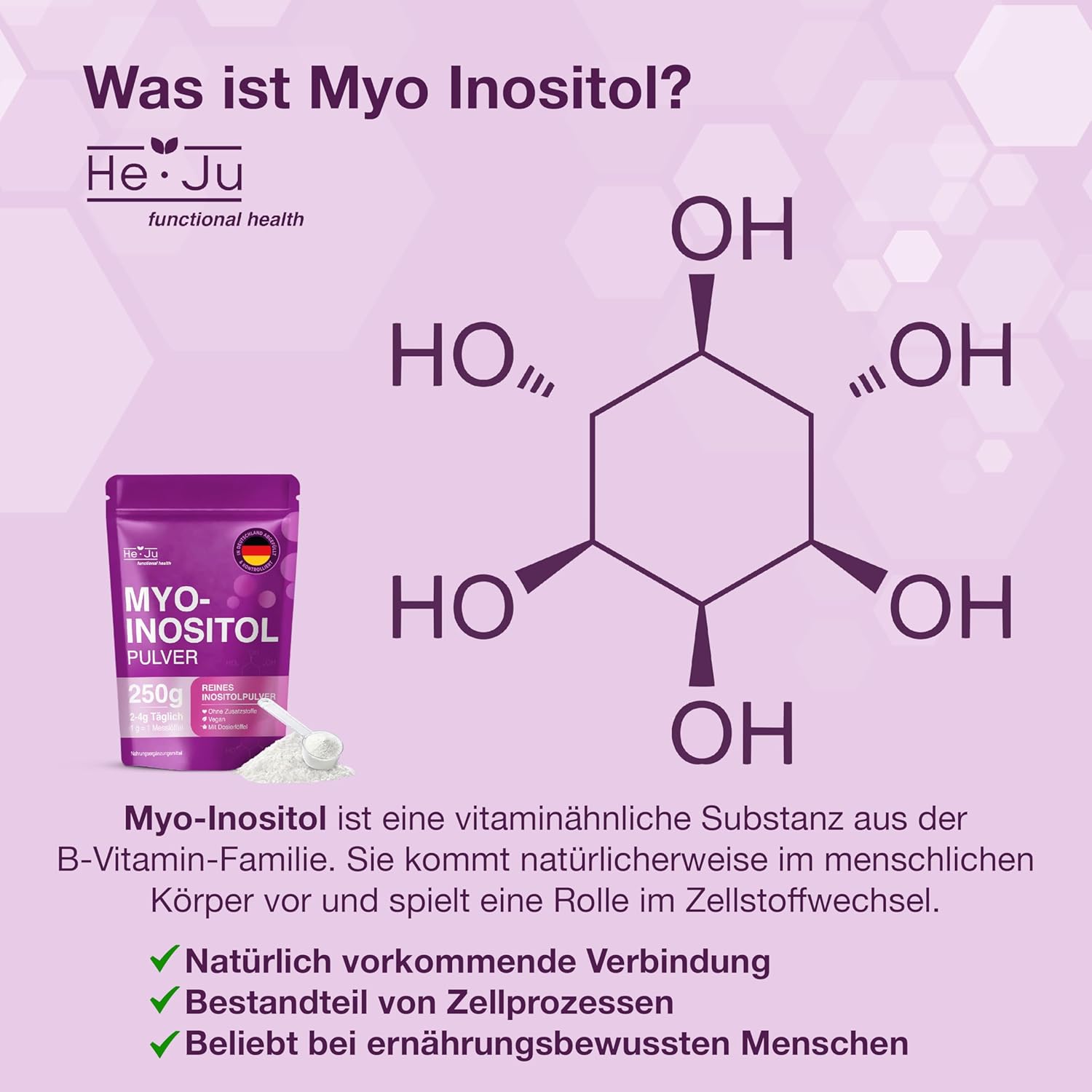 Thumbnail 5 de Myo-Inositol Pulver 250 g (100% reines Myo-Inositol) – 4.000 mg pro Portion, vegan & geschmacksneutral inkl. Dosierlöffel