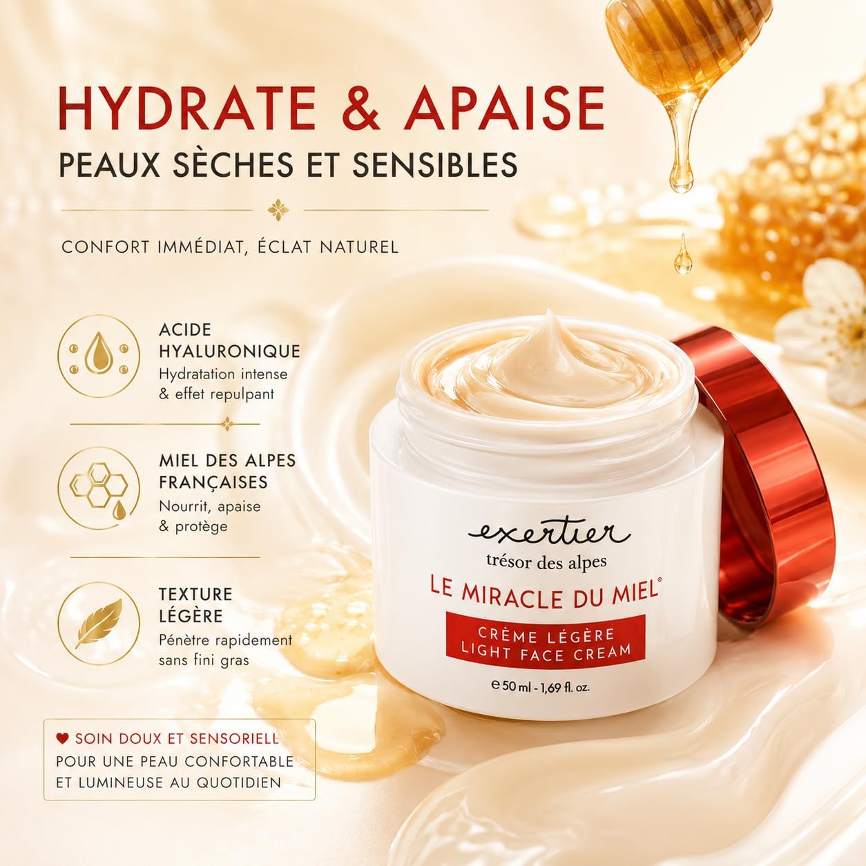 Detalle 2 de Crema Viso Idratante e Lenitiva Anti-Rossore con Acido Ialuronico e Miele delle Alpi – 50 ml