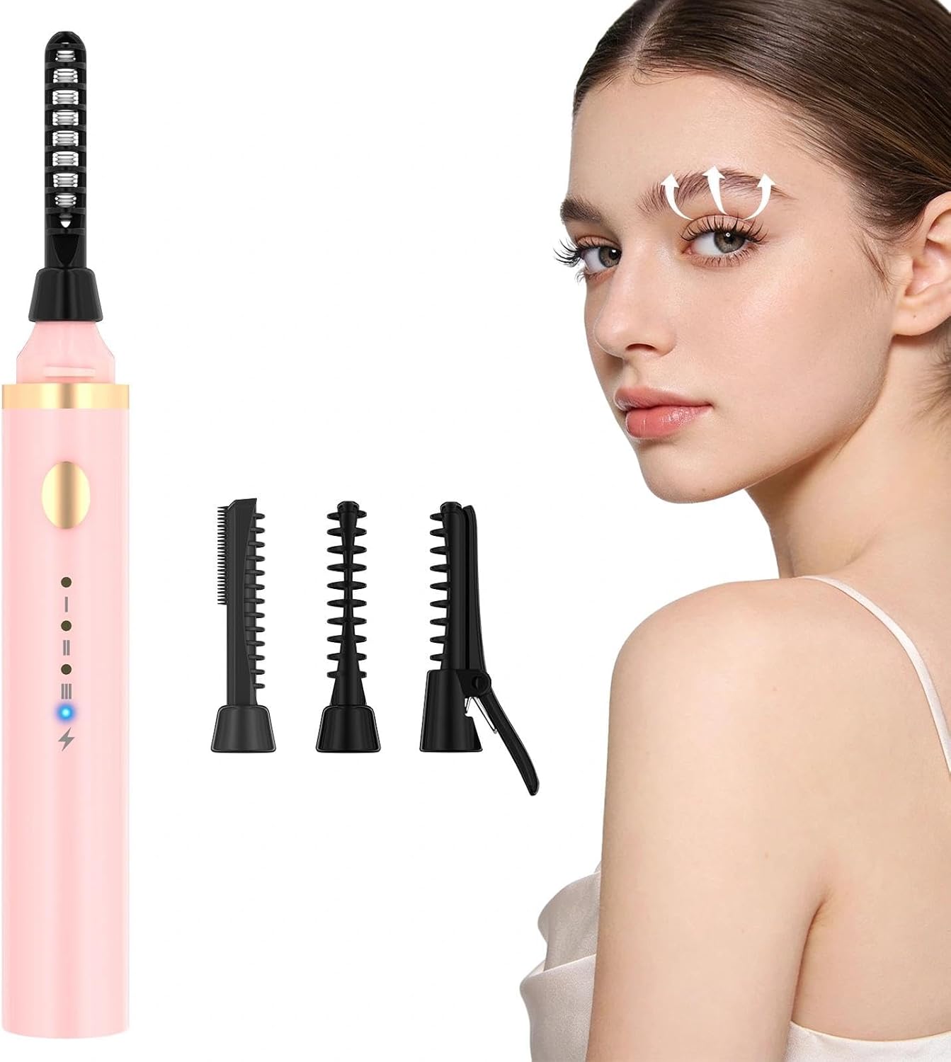 Detalle de 3 in 1 Heated Eyelash Curler Electric with USB-C Rechargeable Power | 3 Interchangeable Heads, 65/75/85°C — Pink