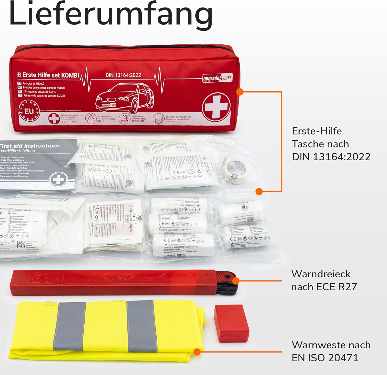 Detalle de Upgrade4cars Auto-Verbandskasten 2026 nach DIN 13164:2022 mit Warndreieck & Warnweste