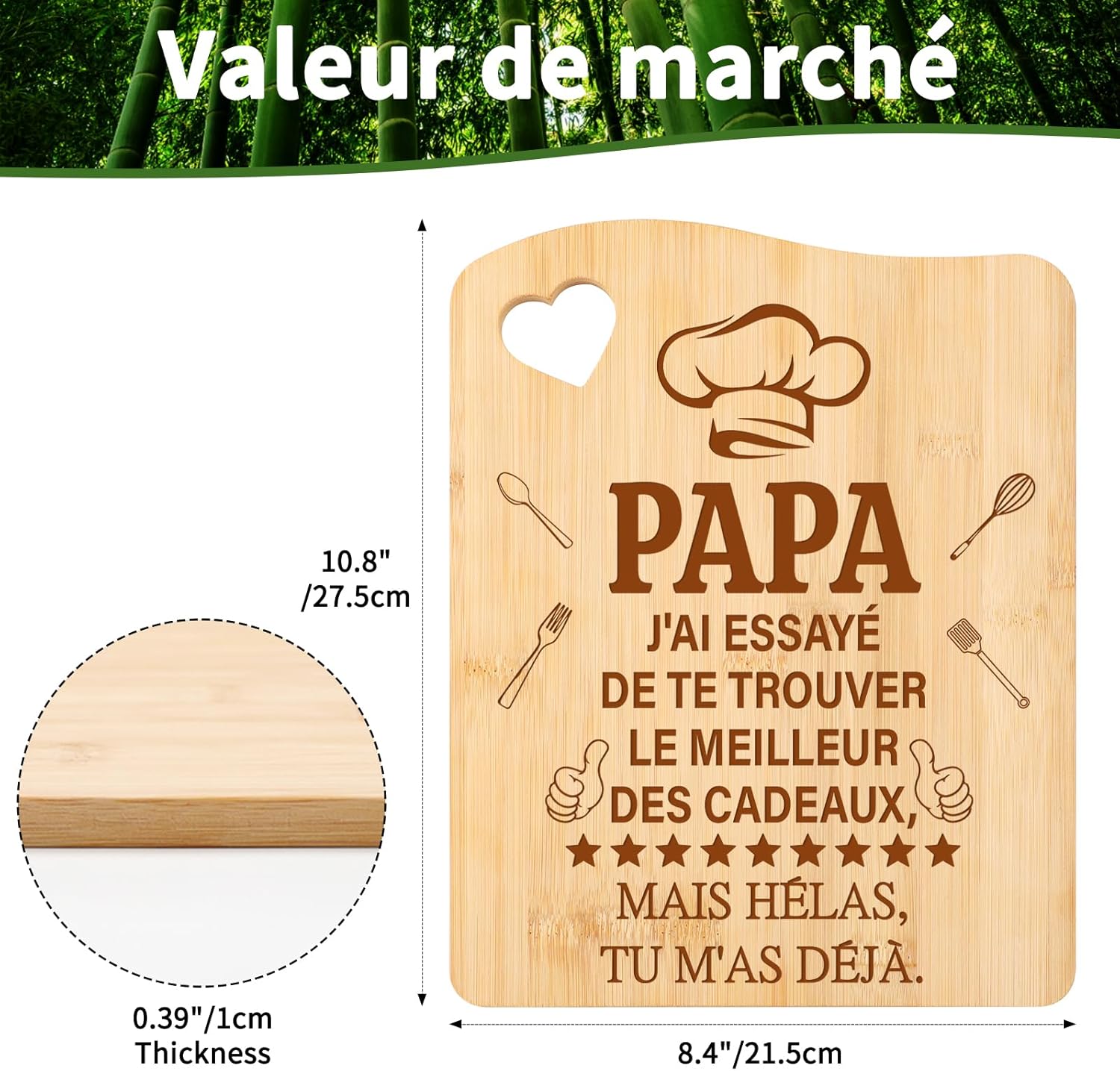 Detalle 2 de Tulolvae Cadeau Papa – Planche à Découper en Bambou 21,5 x 27,5 cm, idée cadeau original