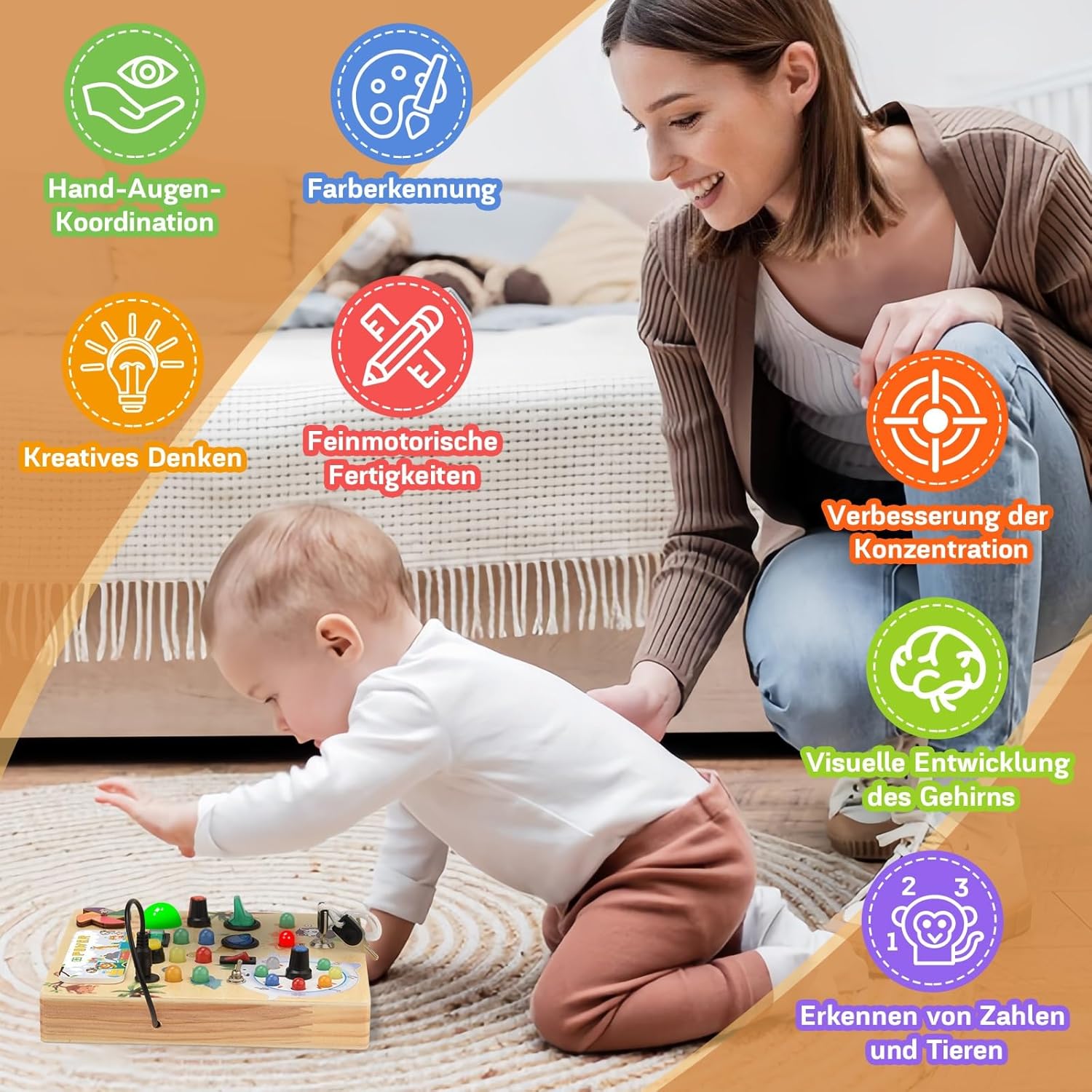 Detalle de MILFECH Montessori Busy Board aus Massivholz – Aktivitätsbrett mit 10 Schaltern und 17 LEDs