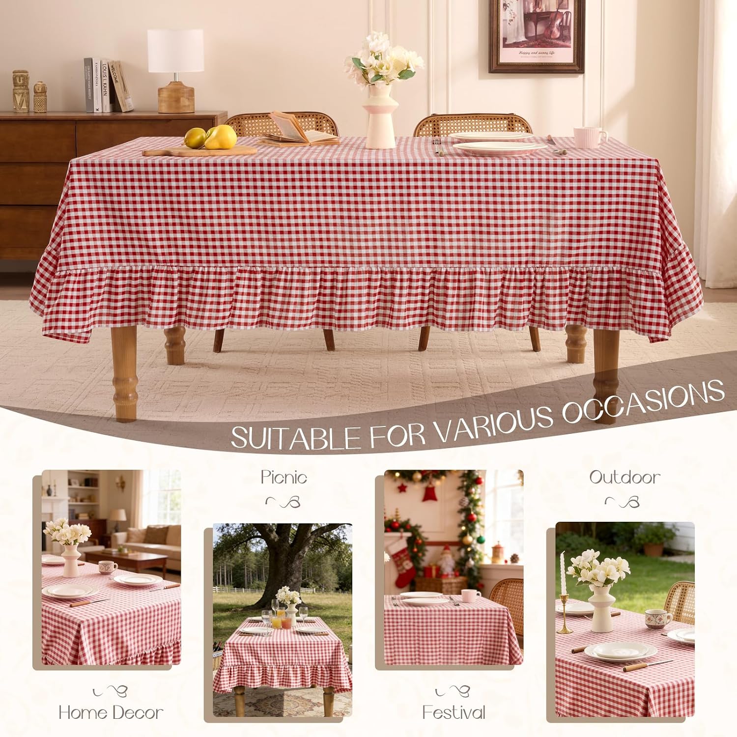 Detalle de Romanstile Gingham Ruffled Tablecloth Rectangle - 60 x 120 Inch, Red
