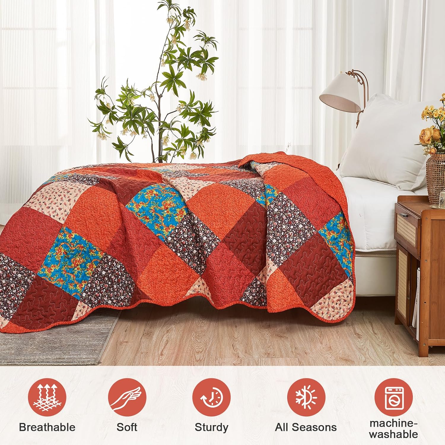 Detalle de Qucover Patchwork Couvre Lit et Dessus de Lit réversible 150x200 cm (1 personne) en boutis matelassé