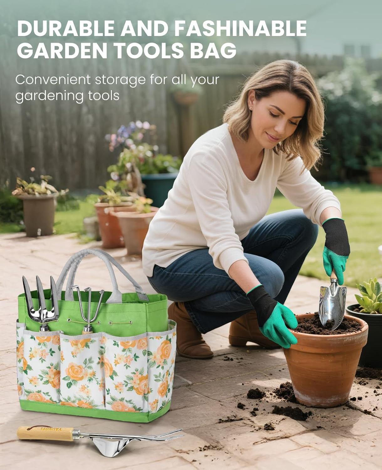 Detalle de Set di attrezzi da giardinaggio YAUNGEL da 10 pezzi con teste in acciaio inox e manici antiscivolo