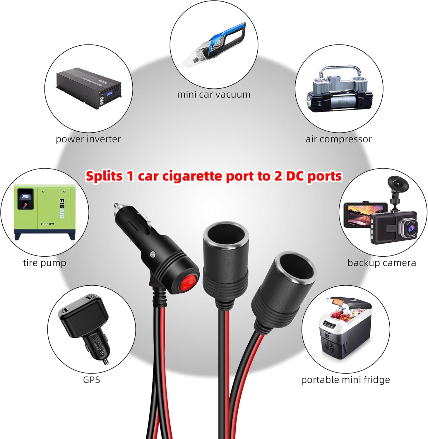 Thumbnail 6 de GELRHONR 12V car cigarette lighter splitter extension cable with on/off switch (1 to 3 ports, 15A fuse)