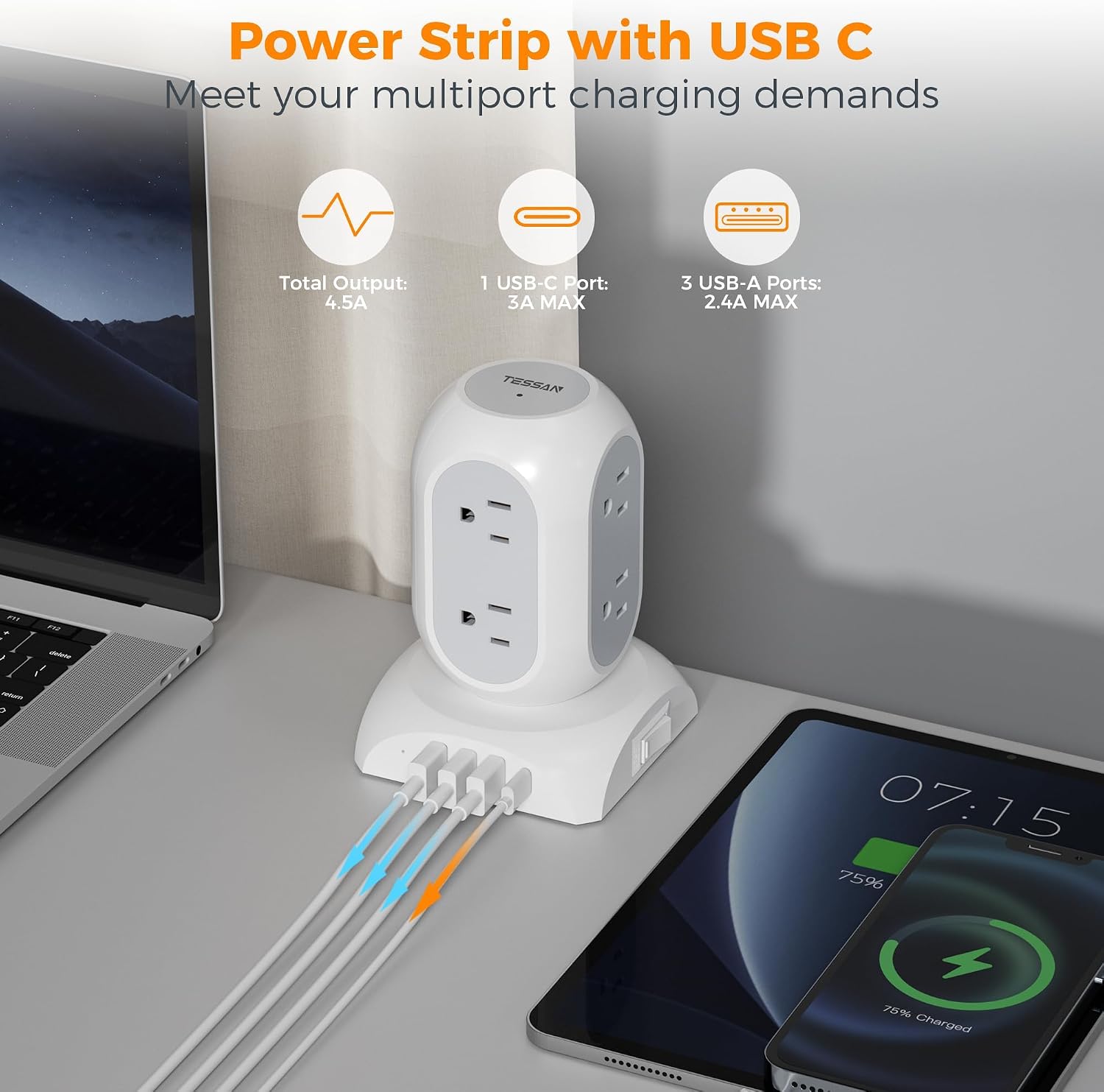 Thumbnail 2 de TESSAN TPS05-US-C Tower Power Bar with 8 AC Outlets, 4 USB Ports and 1050J Surge Protection