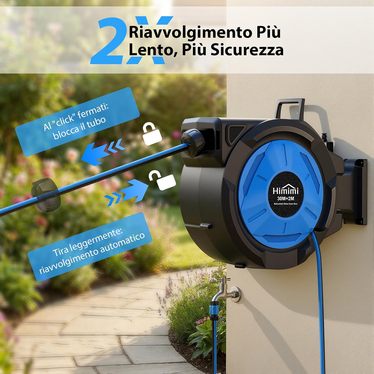 Thumbnail 6 de Himimi Avvolgitubo Retrattile da Parete 30 m + 2 m, 1/2" – Autoforfettante con Rientro Lento e Rotazione 180°