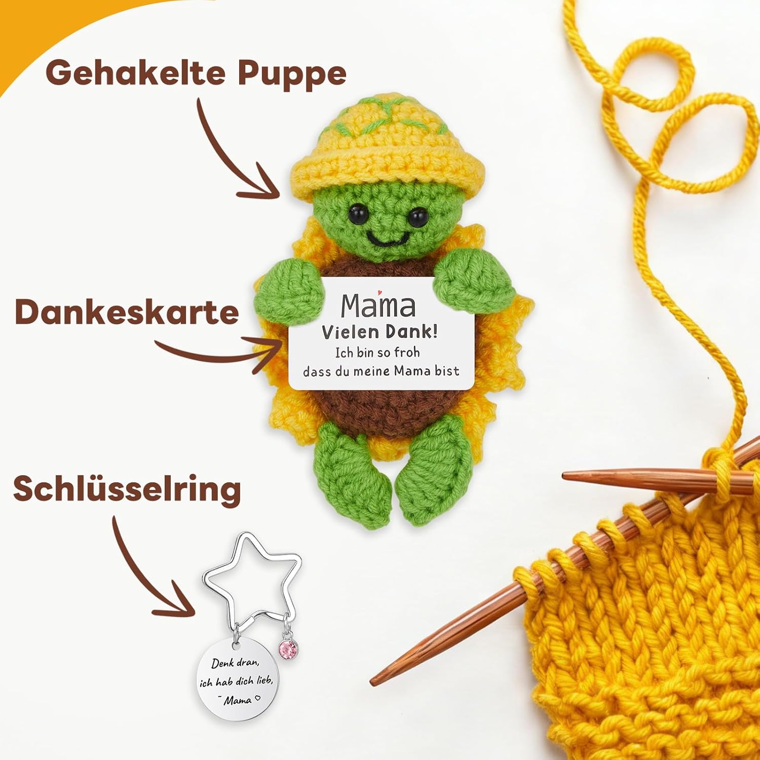 Thumbnail 2 de Tonsmile handgehäkelte Schildkröte mit Schlüsselanhänger „Mama Vielen Dank!“ – Geschenk für Mama