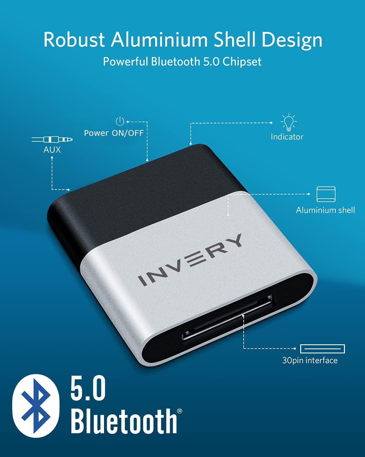 Detalle de INVERY DockLinQ 30-Pin Bluetooth Receiver with Bluetooth 5.0 and Aux
