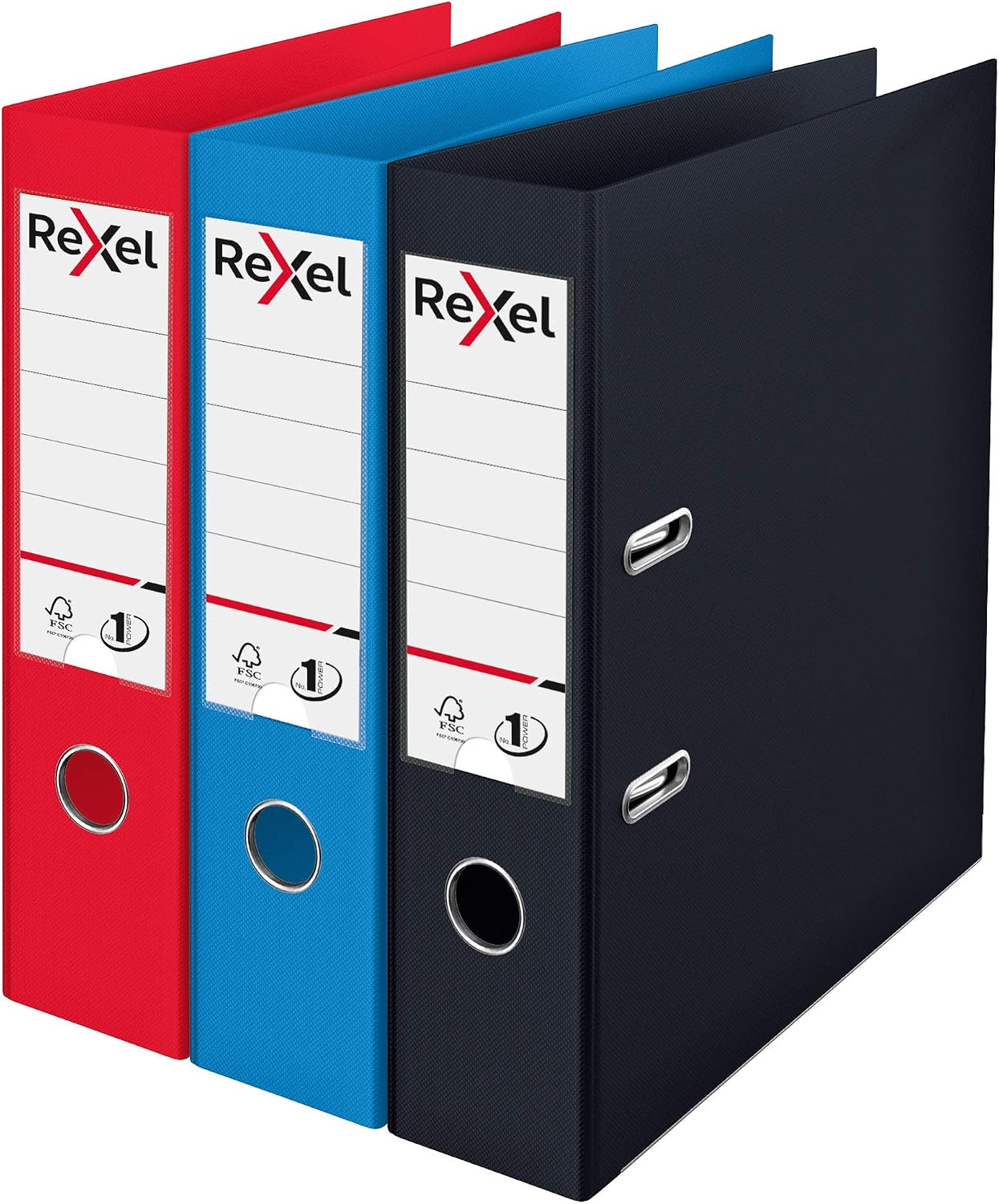 Detalle de Rexel Choices A4 Lever Arch Files 3-Pack (Black, Red, Blue) – Durable, Replaceable Spine Labels