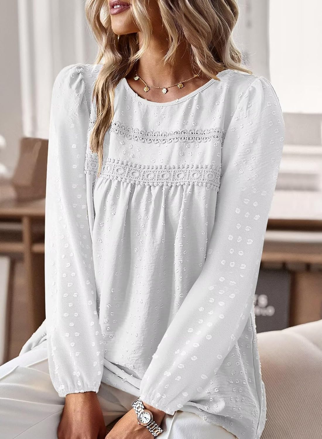 Thumbnail 1 de Falechay Boho Lace Long Sleeve Top for Women – Crochet Crewneck, Flowing Fit