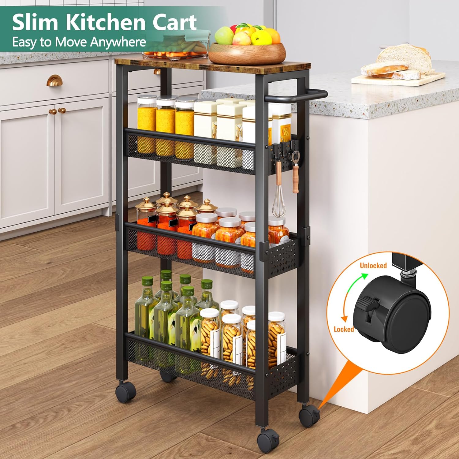 Thumbnail 6 de Vivihomety Utility Slim Storage Cart with Wood Top and Wheels
