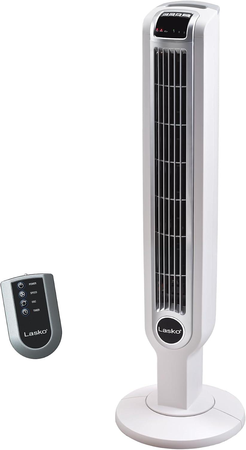 Detalle de Lasko 2510 Oscillating Tower Fan with Remote – Quiet 36" Cooling Ideal for Bedroom, Office, and Home