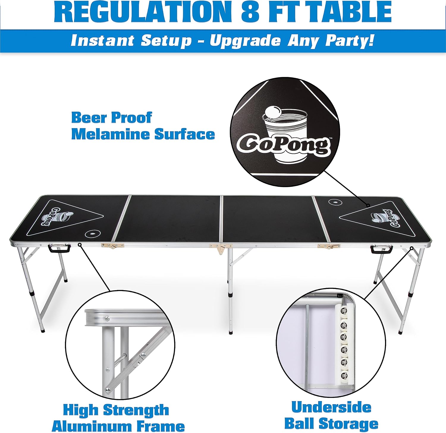 Detalle 2 de GoPong 8 Foot Portable Beer Pong/Tailgate Table (Black, Football, American Flag, or Custom Dry Erase)