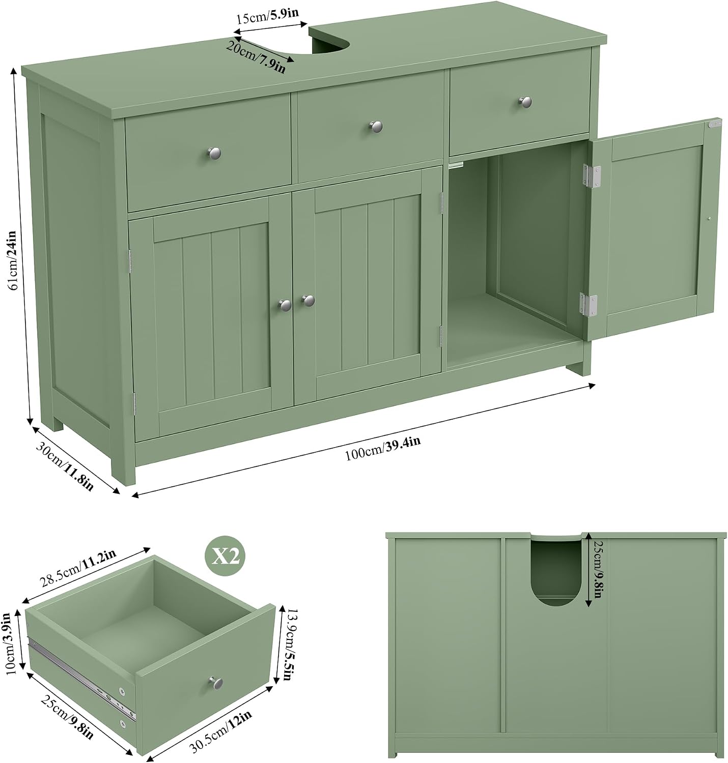 Detalle de FOREHILL P277 szafka pod umywalkę 100 cm, 3 drzwi i 2 szuflady, zielona