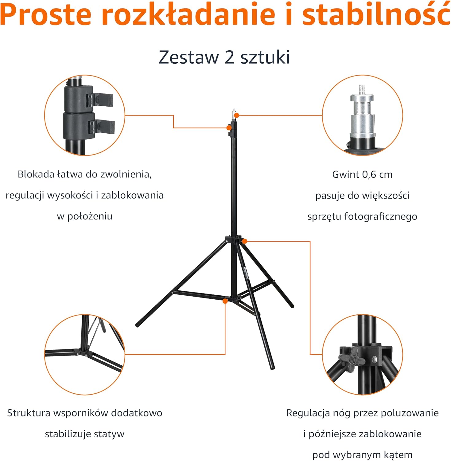 Detalle de Amazon Basics Aluminum Light Photography Tripod Stand – 2 statywy oświetleniowe 85–204 cm