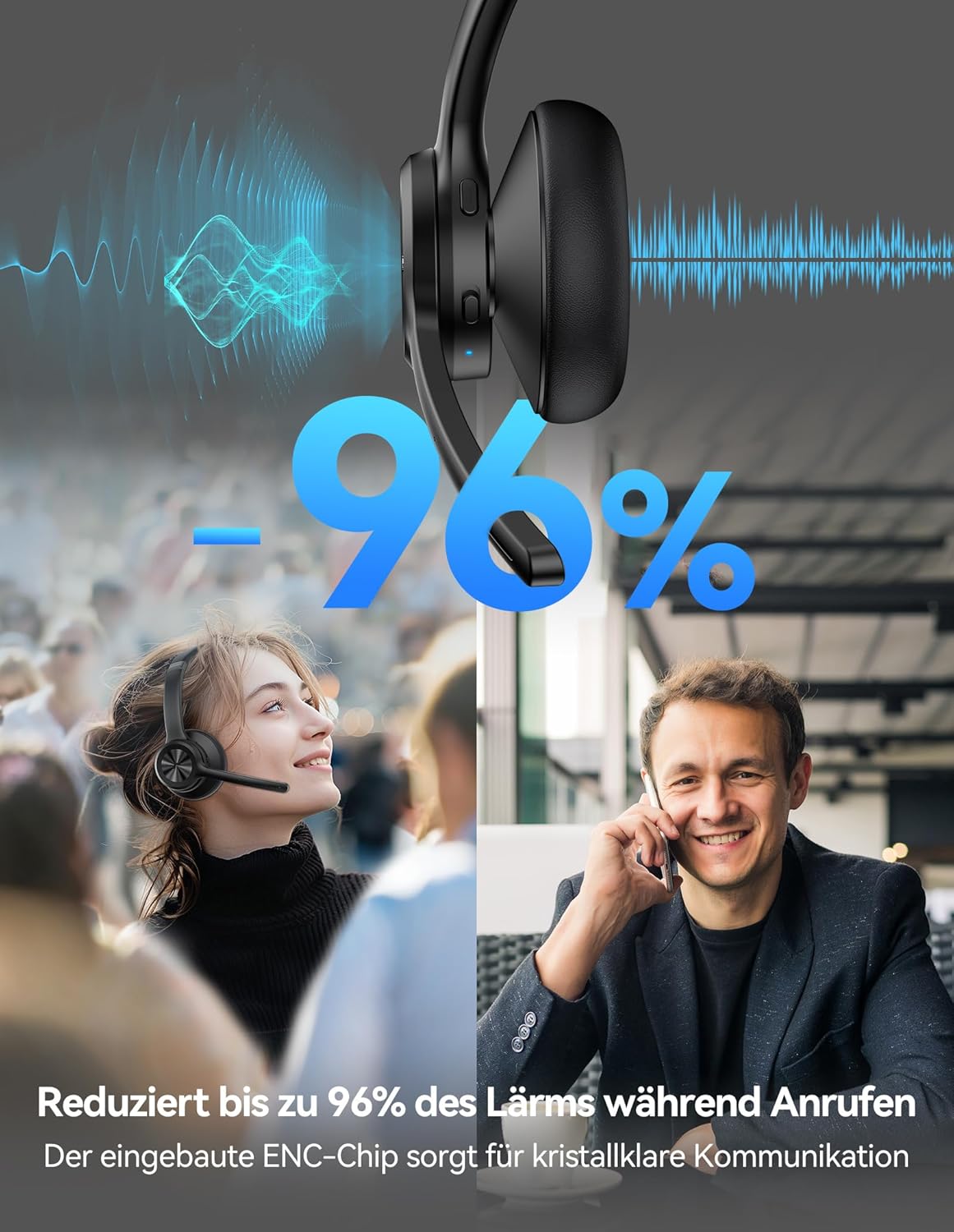 Thumbnail 2 de TECKNET V5.2 Bluetooth Headset mit Mikrofon – Kabellos, Noise Cancelling und Stummschaltung, 50+ Stunden Akku, ideal für Büro, Callcenter und Trucking