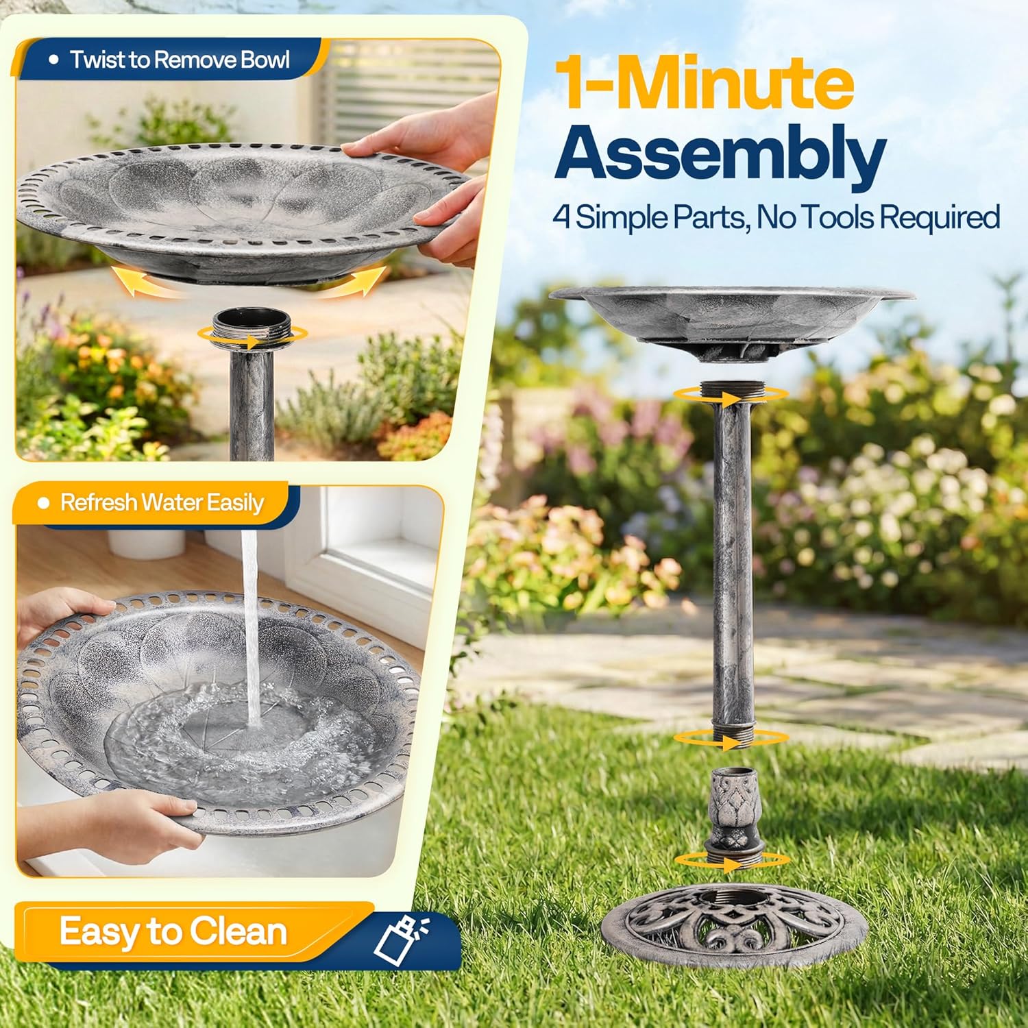 Detalle de VIVOHOME Plastic Resin Bird Bath with Solar Fountain – Round Grey Pedestal, 71x50x50cm