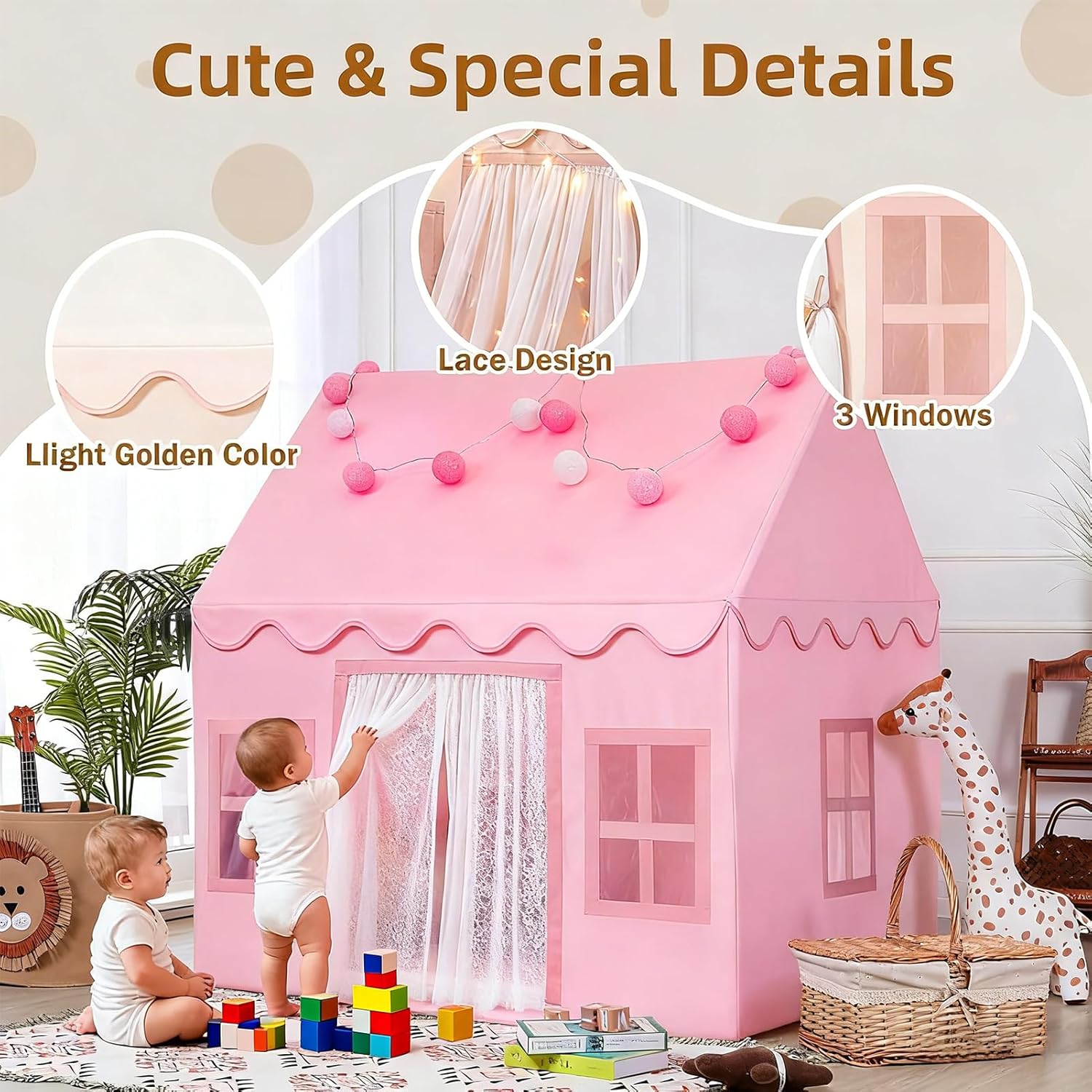 Detalle de Large Kids Tent Playhouse: 2-in-1 Play Tent with Padded Mat, Lights & Flags