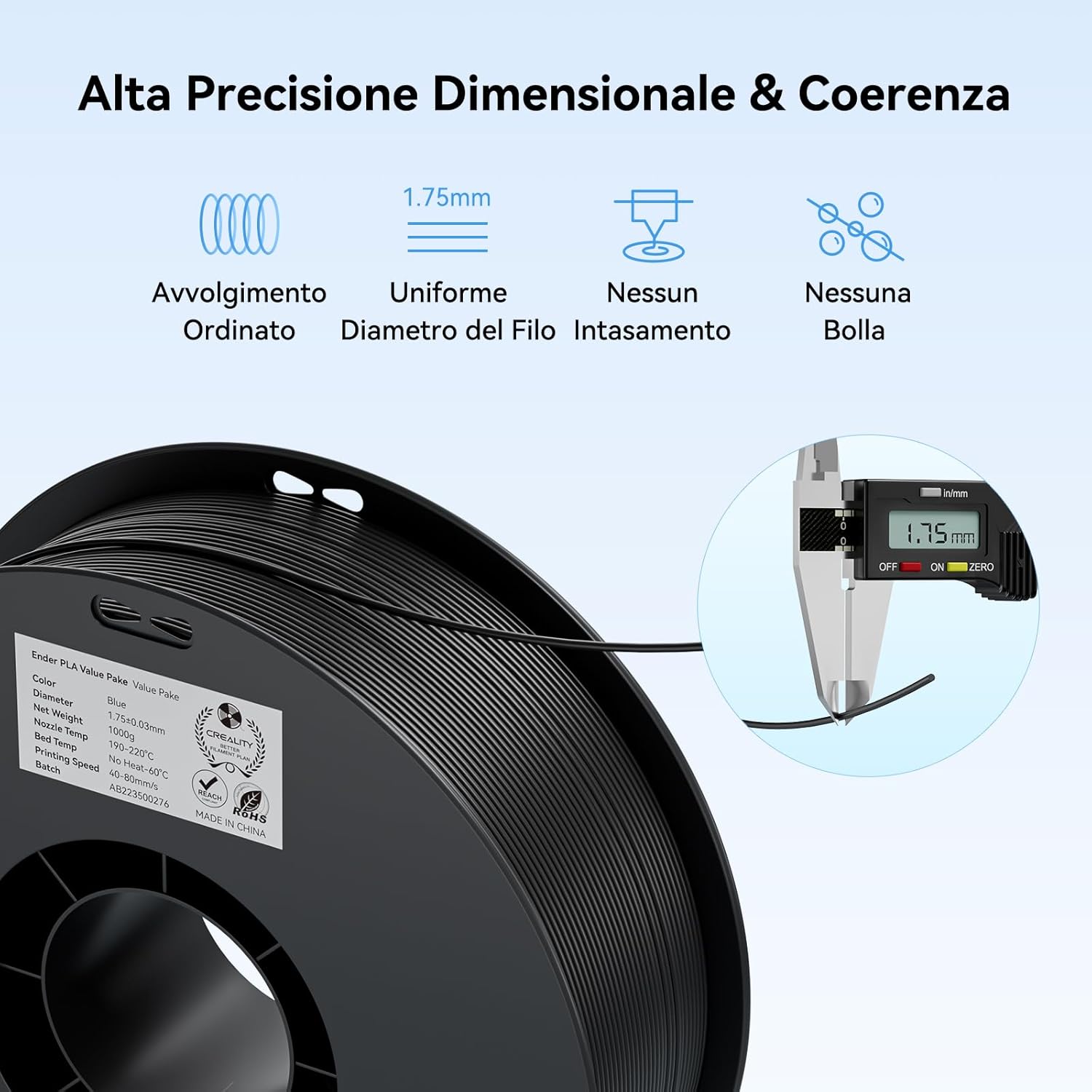 Detalle de Creality Ender PLA Filamento 1,75 mm – 2 Bobine da 2 kg (Grigio) per Stampanti 3D