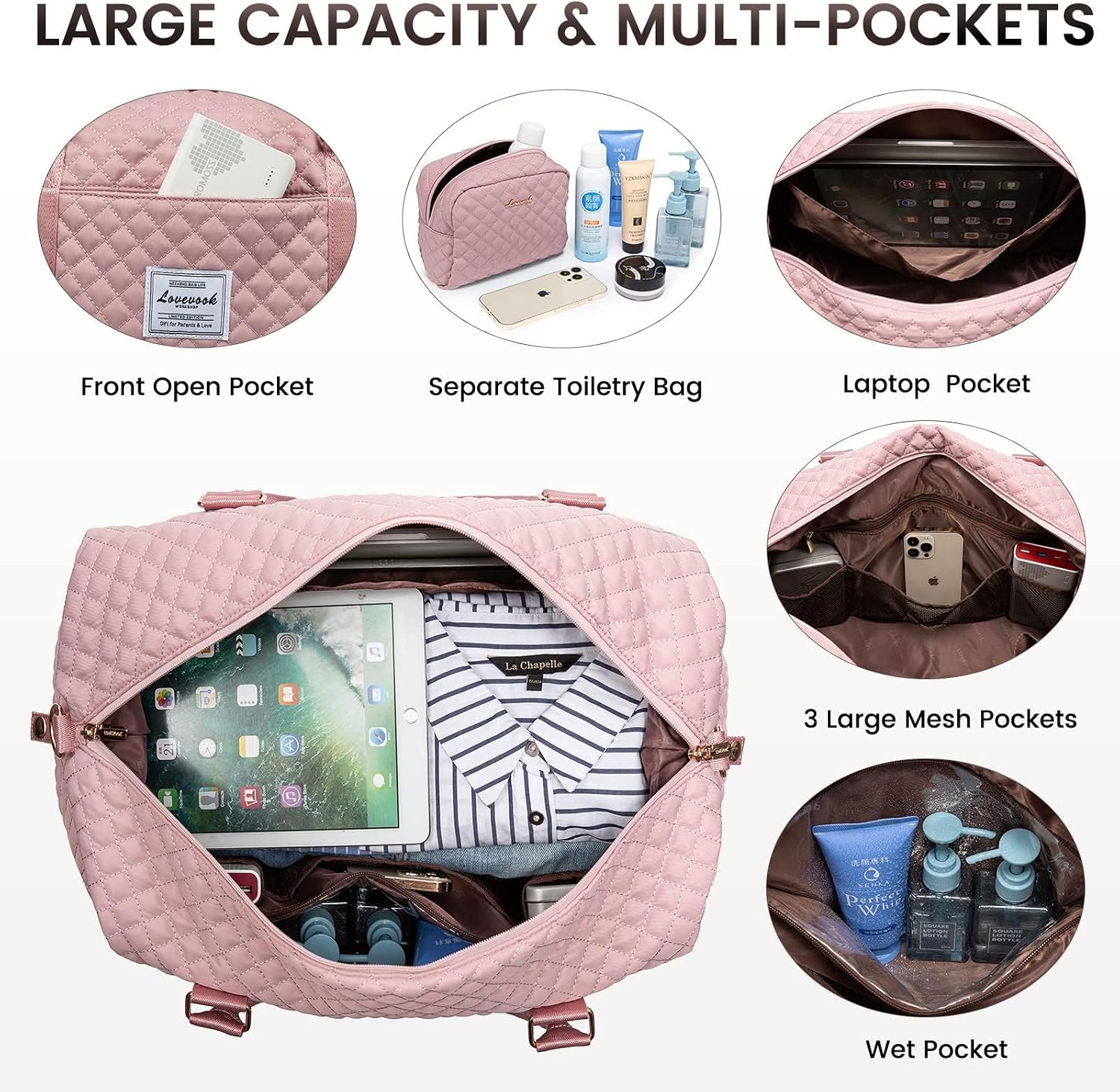 Detalle de LOVEVOOK Borsone da viaggio donna grande con organizer e scomparto scarpe 48 x 23 x 34,5 cm