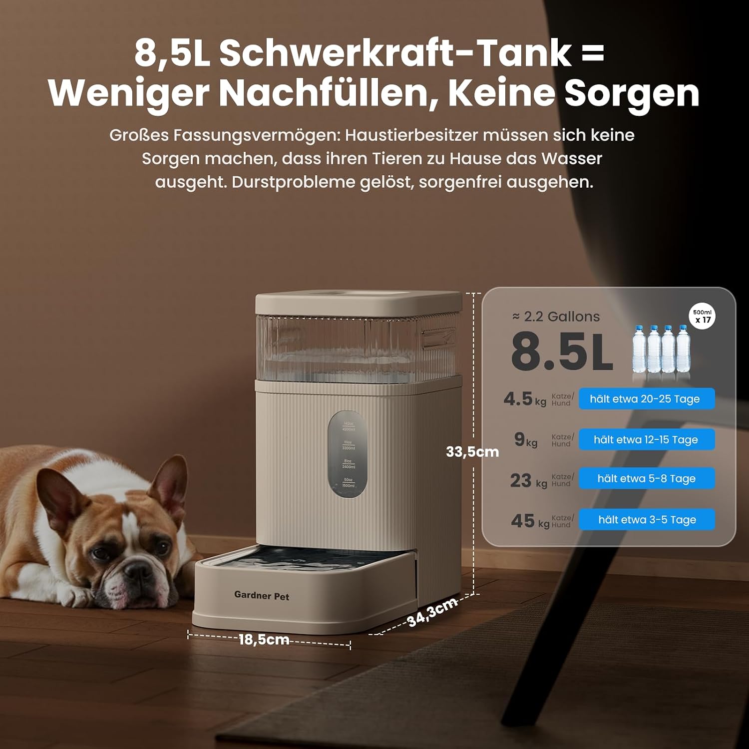 Detalle 2 de Gardner Pet 8,5L automatischer Wasserspender mit Schwerkraftsystem (Edelstahlschüssel, BPA-frei, ohne Strom)