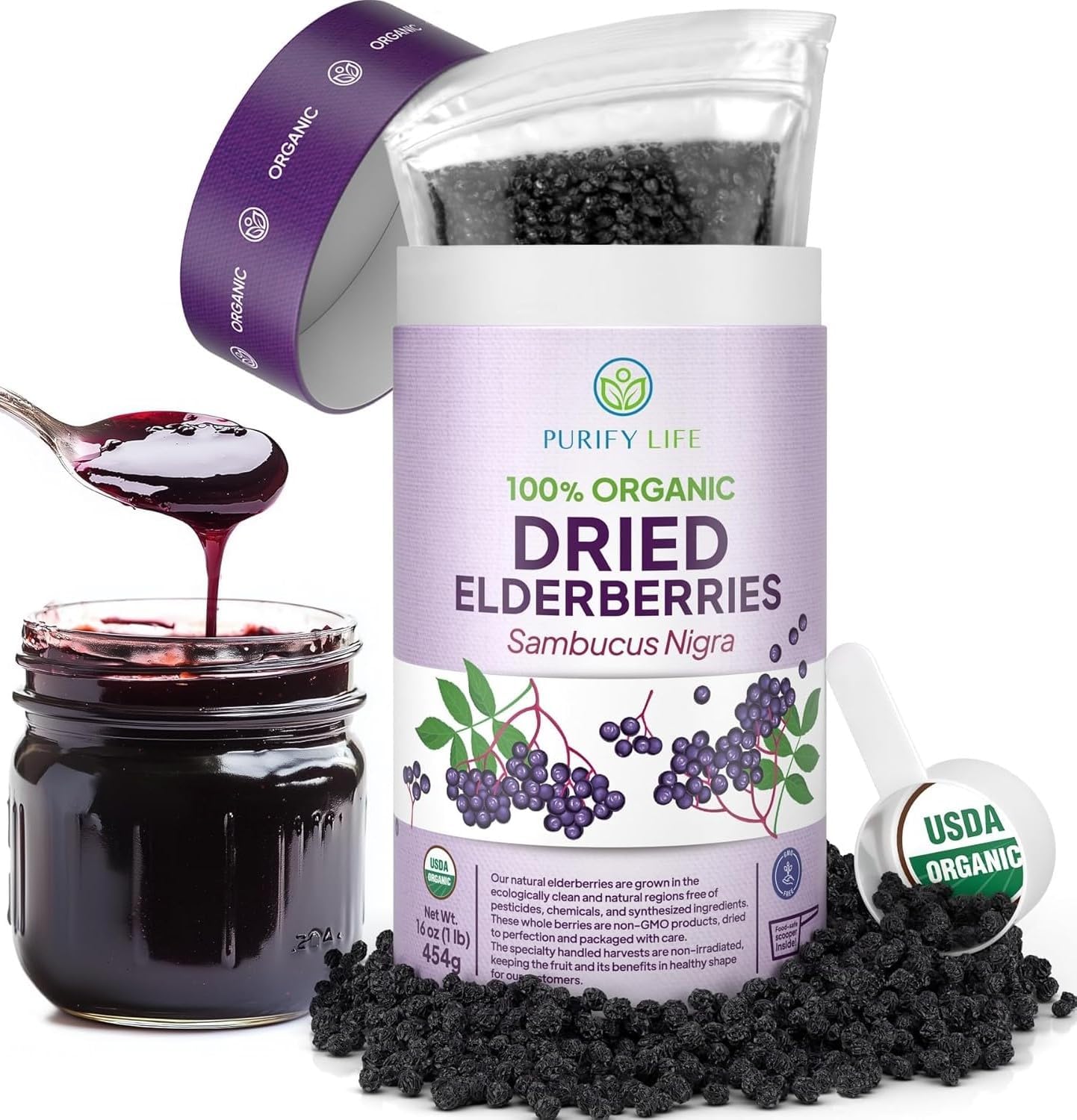 Detalle de Purify Life ODE2 Organic Dried Elderberries, 1 lb, Non-Irradiated